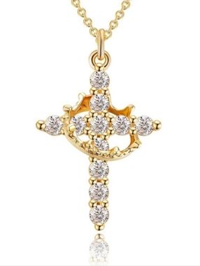 Anthropologie Diamond Cross and Gold Crown Dainty Necklace